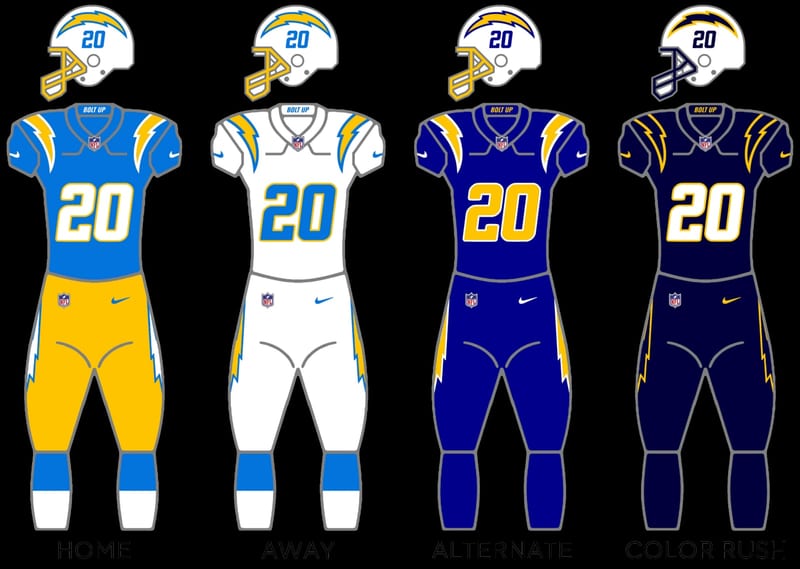 Los Angeles Chargers logo. The Chargers are 0-4 and hosting the Broncos.